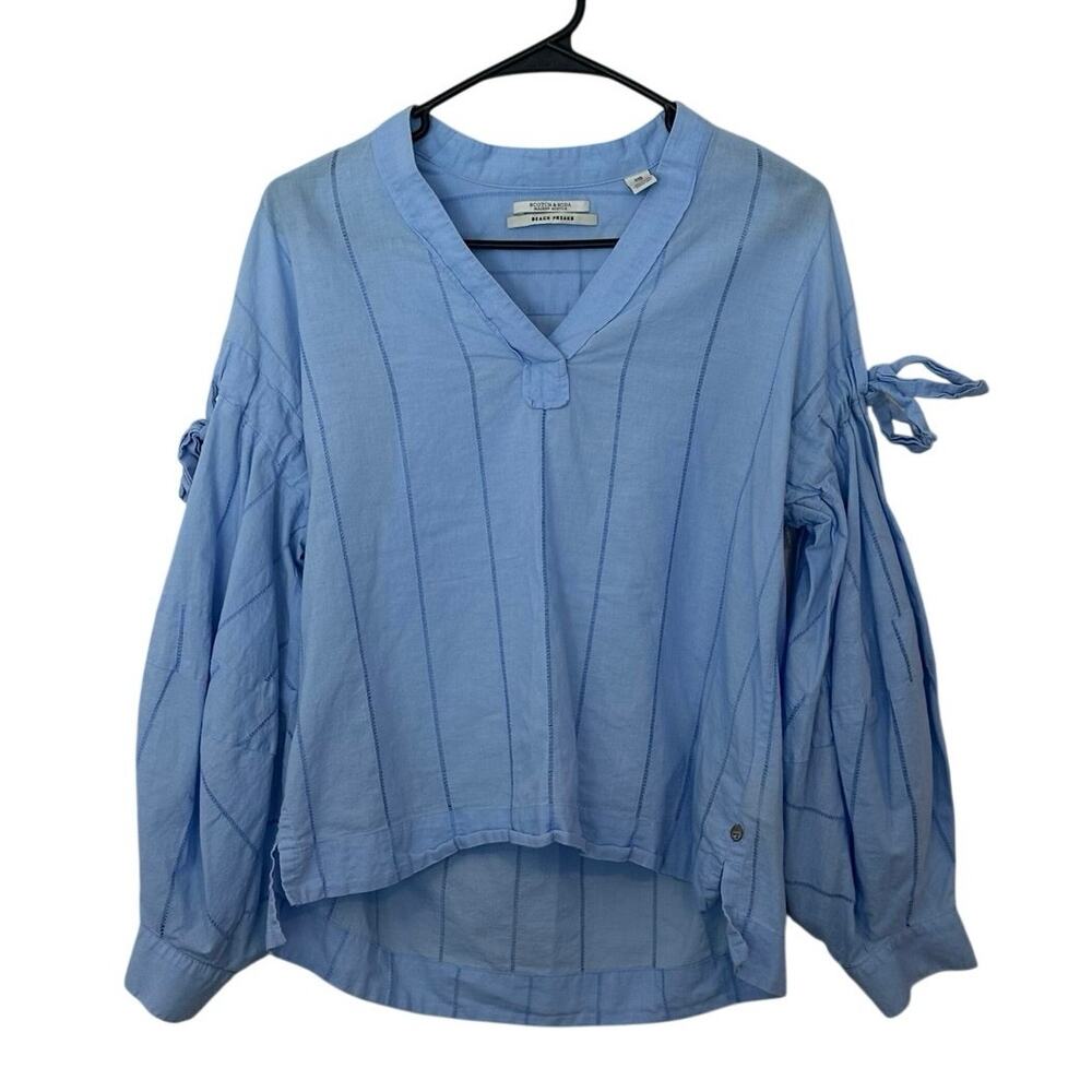 Scotch & Soda Women’s Beach Freaks V-Neck Cotton Top Sleeve Tie Ups Size M Blue